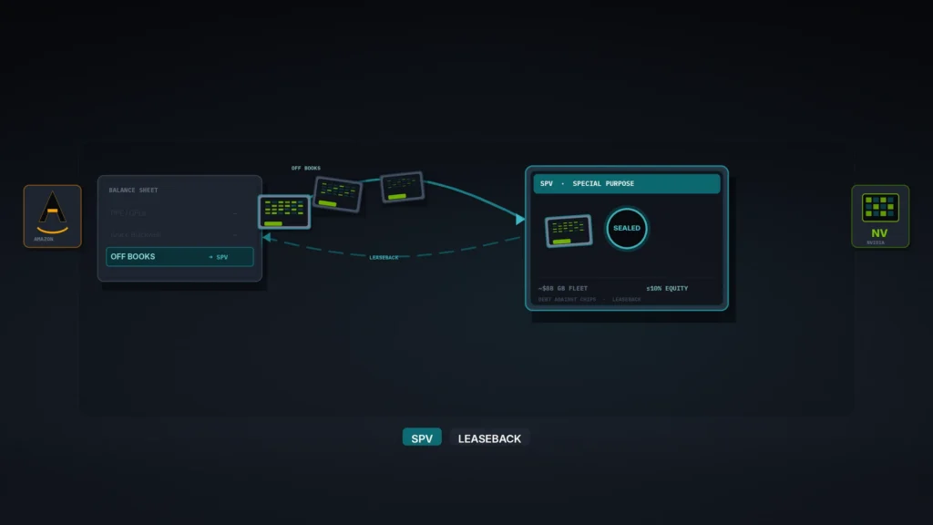Editorial finance graphic on a dark charcoal field. An SPV vehicle box receives a stack of Grace Blackwell GPU plates leaving an off-books balance-sheet ledge and looping back as a leaseback arc. Amazon mark left, Nvidia mark right. Chips: SPV and LEASEBACK. No likenesses.