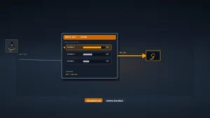 Editorial product graphic on a deep-slate full-bleed scene: an agent path enters a routing gate that scores CHOICE A, B, and C with confidence bars, then an AWS-orange tool-call arrow exits to a tool node. Abstract AWS A and smile-arrow mark left. Chips: DECIDER 2B and OPEN SOURCE. No likenesses.
