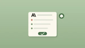 A cream brief card with the Anthropic logo, three task rows and a green approve check button, beside a notification bell, on a sage green background.
