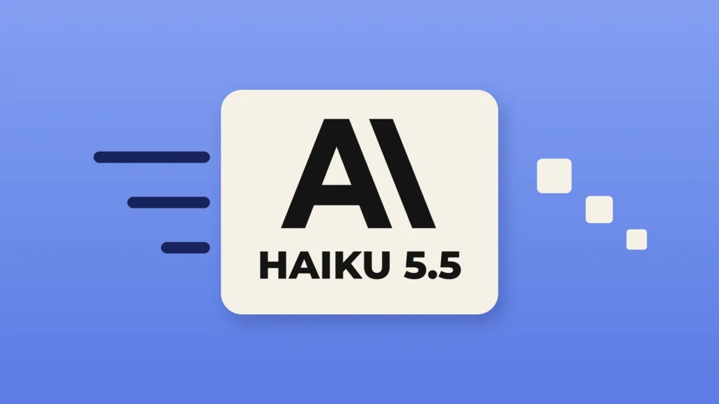 Illustration: the Anthropic logo and the words "Haiku 5.5" in black on a cream rounded tile against a cornflower-blue background, with three dark navy speed lines to its left and three small cream squares stepping down in size to its right.