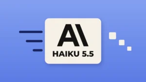 Illustration: the Anthropic logo and the words "Haiku 5.5" in black on a cream rounded tile against a cornflower-blue background, with three dark navy speed lines to its left and three small cream squares stepping down in size to its right.