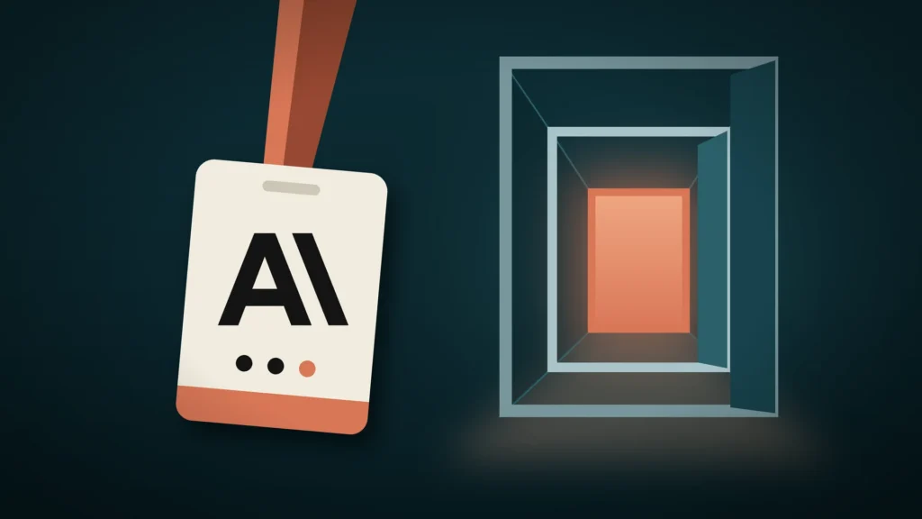 A cream access badge bearing the Anthropic logo hangs from a clay-colored lanyard on a dark teal background, beside a corridor of three nested open doorways whose innermost door glows orange.