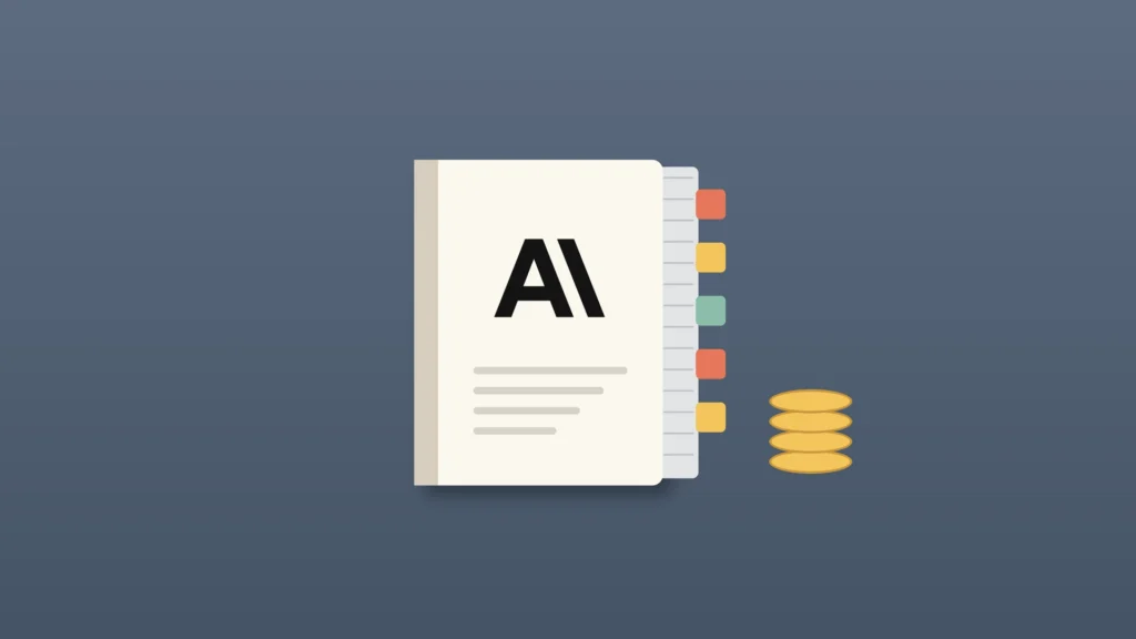 A thick cream prospectus with the Anthropic logo on its cover and colored tabs along its edge, beside a short stack of gold coins, on a slate blue-grey background.