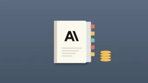 A thick cream prospectus with the Anthropic logo on its cover and colored tabs along its edge, beside a short stack of gold coins, on a slate blue-grey background.