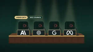 Illustration of a New York City Council witness table under warm spotlights on a dark green chamber backdrop, with four nameplates bearing the Anthropic, OpenAI, Google and Meta logos, live microphones and empty chairs, beside chips reading UNDER OATH and NYC COUNCIL.