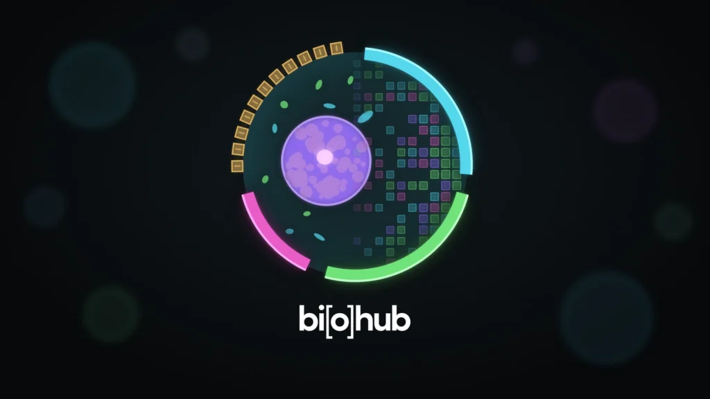 News illustration: a large glowing cell on a dark microscope-style background, its outer membrane split into four colored arcs, three solid and one made of small amber blocks, with a purple nucleus on the left and a grid of colored squares filling the right half, above the Biohub logo.