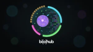 News illustration: a large glowing cell on a dark microscope-style background, its outer membrane split into four colored arcs, three solid and one made of small amber blocks, with a purple nucleus on the left and a grid of colored squares filling the right half, above the Biohub logo.