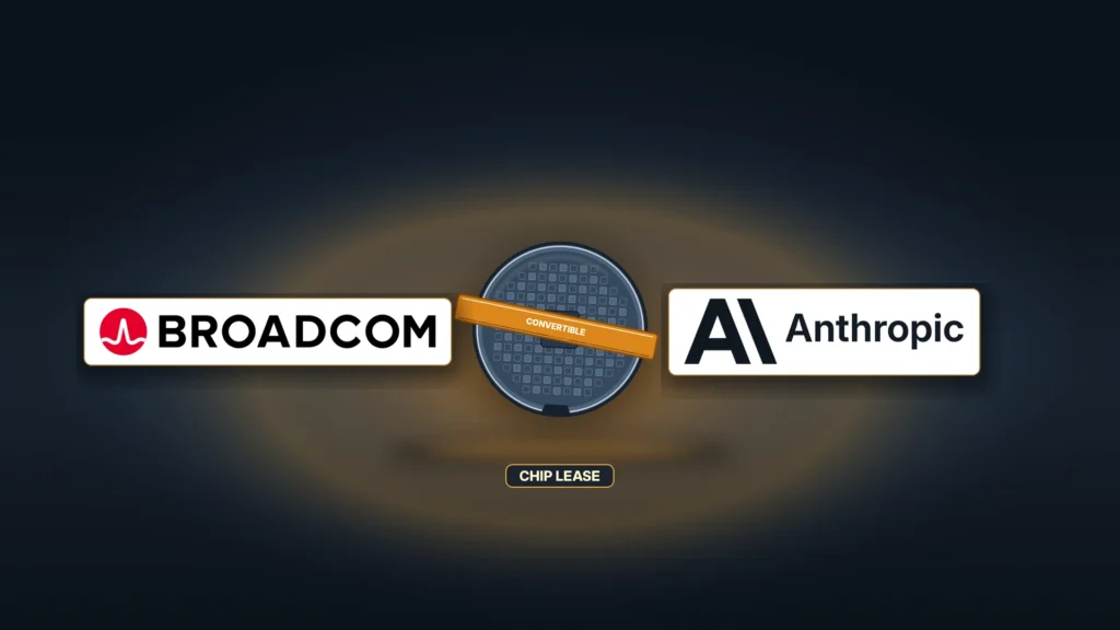 Dark semiconductor-steel field with a dense convertible-amber bloom. Center mid-band: one steel wafer with die grid and a fused amber CONVERTIBLE metal band, flanked by Broadcom and Anthropic logos on pale cards; CHIP LEASE strap below the disc. All marks and the full wafer sit inside the Top Story crop. No masthead, stamps, or chip rows.