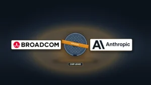 Dark semiconductor-steel field with a dense convertible-amber bloom. Center mid-band: one steel wafer with die grid and a fused amber CONVERTIBLE metal band, flanked by Broadcom and Anthropic logos on pale cards; CHIP LEASE strap below the disc. All marks and the full wafer sit inside the Top Story crop. No masthead, stamps, or chip rows.