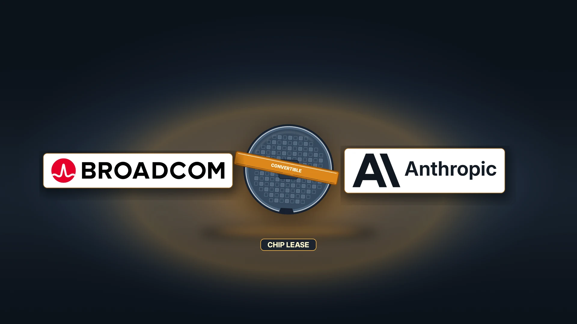 Dark semiconductor-steel field with a dense convertible-amber bloom. Center mid-band: one steel wafer with die grid and a fused amber CONVERTIBLE metal band, flanked by Broadcom and Anthropic logos on pale cards; CHIP LEASE strap below the disc. All marks and the full wafer sit inside the Top Story crop. No masthead, stamps, or chip rows.