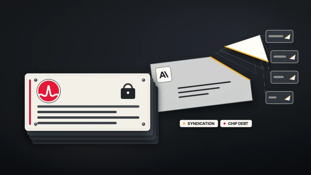 A heavy cream "senior secured" debt plate bearing the Broadcom logo sits on a stack of dark trays at left, while a lighter tilted junior plate with the Anthropic logo sheds an amber-edged wedge that splinters into a row of waiting slots at right — illustrating banks syndicating Broadcom-backed chip debt for Anthropic.