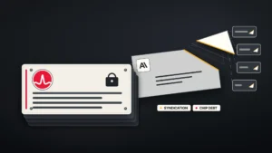 A heavy cream "senior secured" debt plate bearing the Broadcom logo sits on a stack of dark trays at left, while a lighter tilted junior plate with the Anthropic logo sheds an amber-edged wedge that splinters into a row of waiting slots at right — illustrating banks syndicating Broadcom-backed chip debt for Anthropic.