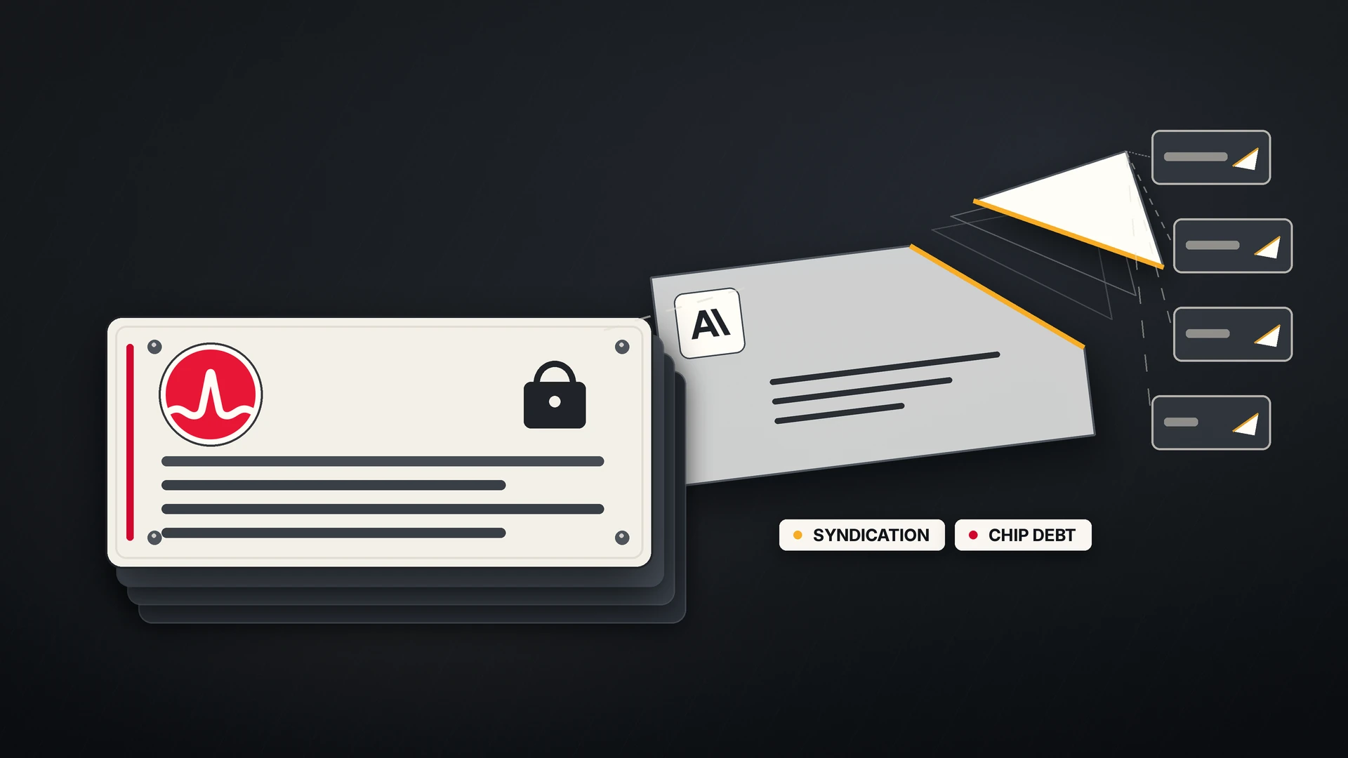 A heavy cream "senior secured" debt plate bearing the Broadcom logo sits on a stack of dark trays at left, while a lighter tilted junior plate with the Anthropic logo sheds an amber-edged wedge that splinters into a row of waiting slots at right — illustrating banks syndicating Broadcom-backed chip debt for Anthropic.