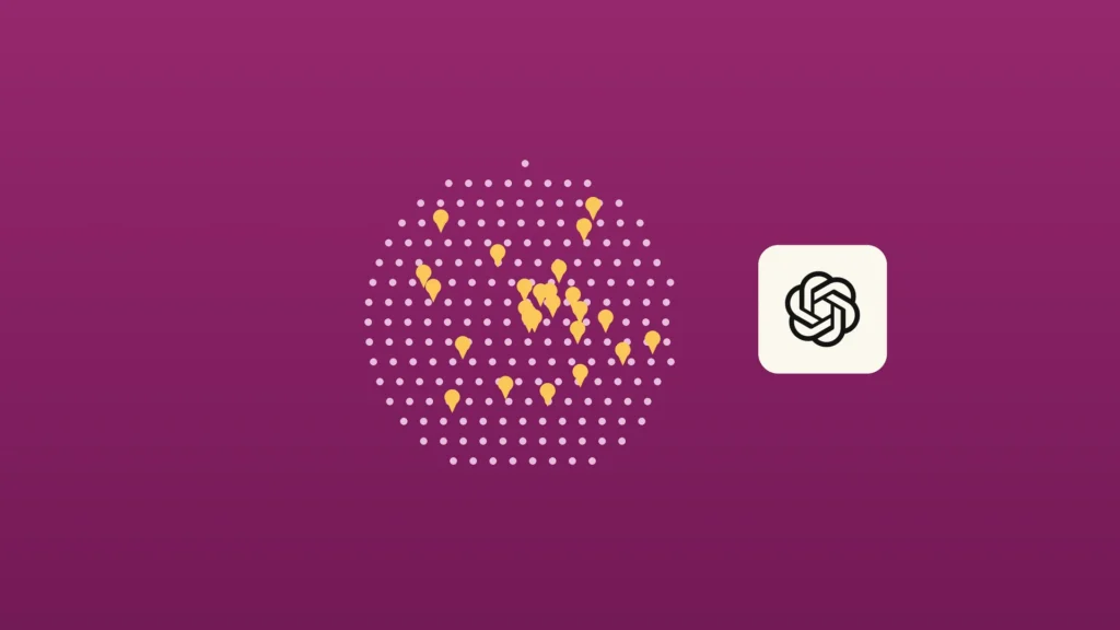 A dotted globe on a magenta background scattered with 26 gold map pins, beside a cream tile carrying the OpenAI logo.