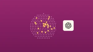 A dotted globe on a magenta background scattered with 26 gold map pins, beside a cream tile carrying the OpenAI logo.