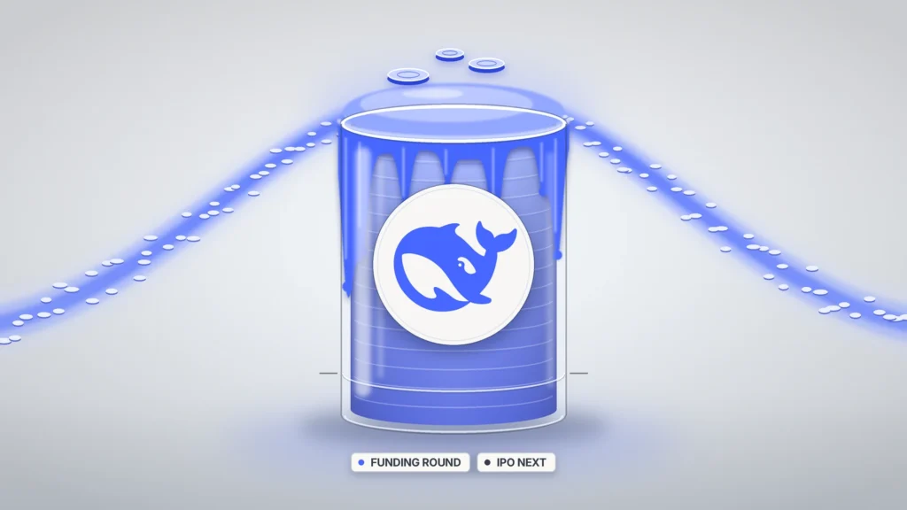 A tall frosted-glass vessel bearing the blue DeepSeek whale logo overflows with glowing blue capital, rising far above a faint etched line near its base and spilling over the rim, as two streams of token discs pour in from the left and right on a light porcelain-gray background.