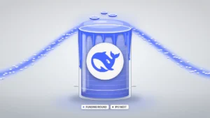 A tall frosted-glass vessel bearing the blue DeepSeek whale logo overflows with glowing blue capital, rising far above a faint etched line near its base and spilling over the rim, as two streams of token discs pour in from the left and right on a light porcelain-gray background.