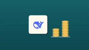 A cream tile with the DeepSeek whale logo beside two stacks of gold coins, the second twice as tall as the first, on a deep teal background.