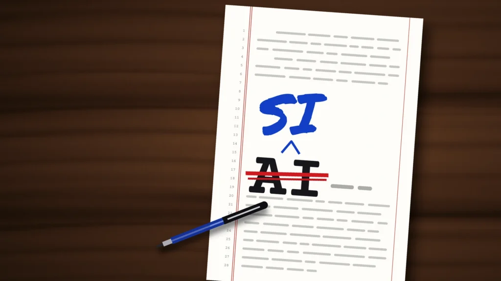 News illustration: a white legal pleading page with numbered margin lines lies tilted on a dark walnut table; on its middle line the typed word AI is struck through in red and SI is written above it in blue ink with an insertion caret, and a blue pen rests across the lower corner of the page.