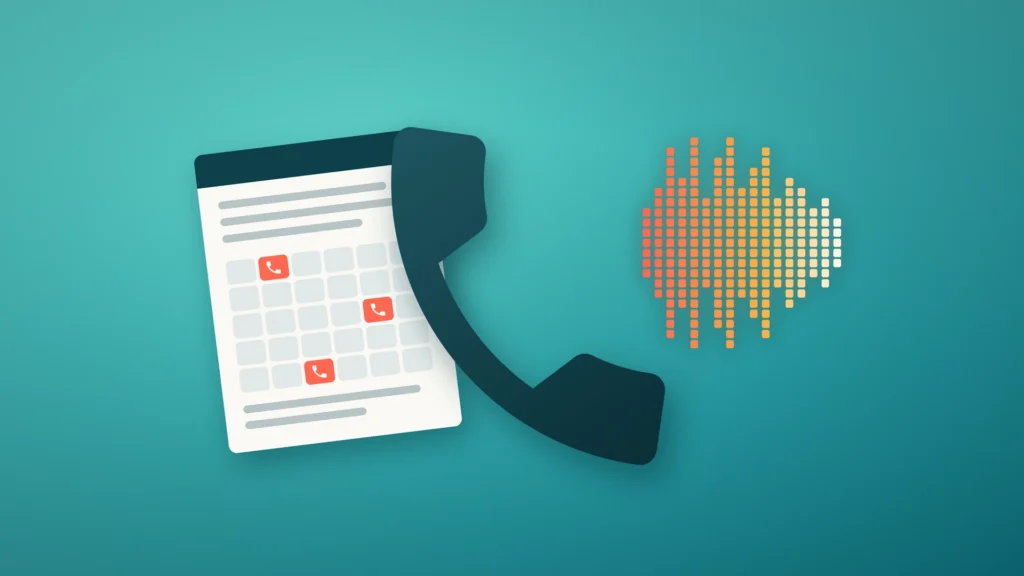 Illustration: a dark telephone handset overlaps a white filing sheet marked with a 30-day calendar grid in which three days are lit coral, while a pixelated orange-to-cream voice waveform streams from the handset across a turquoise background.