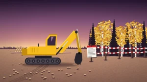 News illustration: a yellow excavator sits idle on a cleared, stump-covered sandy site at dusk, its bucket lowered just short of a red-and-white barrier tape with a white notice pinned to a post, in front of a standing line of dark spruce and golden autumn birch trees under a plum sky.