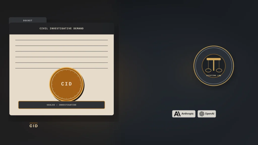 Editorial illustration on a federal charcoal field with CID amber glow. Left, a large sealed civil investigative demand folder with a warm paper face and a prominent amber CID seal sits edge-weighted. Right, an open charcoal field holds a quieter existing-law seal with abstract balance pans. A short CID strap sits under the folder; small Anthropic and OpenAI marks appear lower right. No masthead, chip row, gavel, or likenesses.