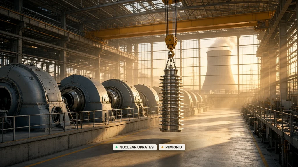 A polished steel turbine rotor hangs from a yellow overhead crane in a sunlit power plant turbine hall at sunrise, beside a row of large turbine casings, with a cooling tower releasing steam and transmission towers visible through tall windows.