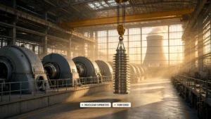 A polished steel turbine rotor hangs from a yellow overhead crane in a sunlit power plant turbine hall at sunrise, beside a row of large turbine casings, with a cooling tower releasing steam and transmission towers visible through tall windows.