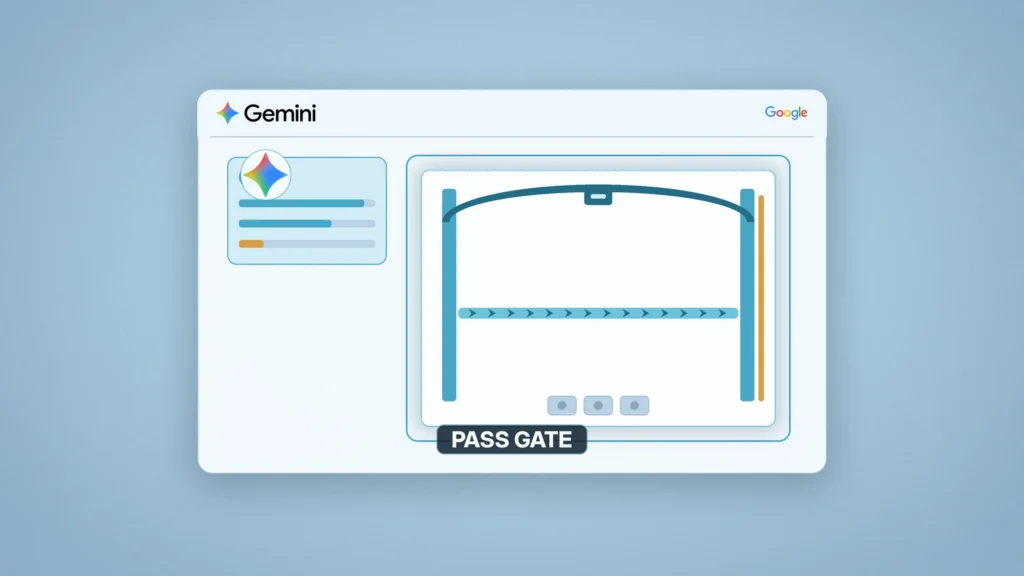 Product UI surface on a cool mist-blue glacier field. A frost-white console card shows the Gemini sparkle wordmark and a small Google logo in the chrome bar. Inside: a defender-first status column with Gemini icon and phased rollout bars, beside a teal pass-gate aperture with arch, lane chevrons, and gated partner slots. A dark pill reads PASS GATE.
