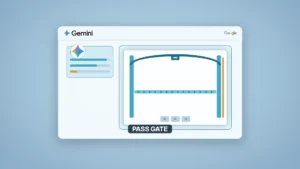 Product UI surface on a cool mist-blue glacier field. A frost-white console card shows the Gemini sparkle wordmark and a small Google logo in the chrome bar. Inside: a defender-first status column with Gemini icon and phased rollout bars, beside a teal pass-gate aperture with arch, lane chevrons, and gated partner slots. A dark pill reads PASS GATE.