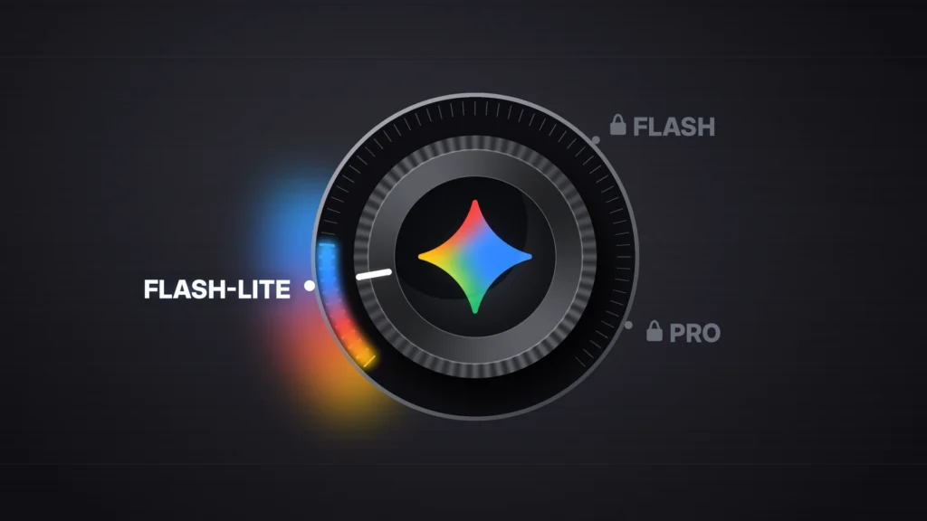 News illustration: a machined rotary selector knob with the Gemini sparkle logo in its glass cap is turned all the way down to a glowing setting labeled FLASH-LITE, while the dimmed FLASH and PRO settings around the dial carry small padlock icons, on a dark graphite panel.