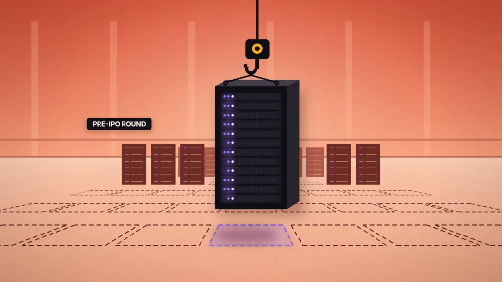 News illustration: a black server rack lit with violet status lights hangs from a crane hook and is lowered toward a glowing empty bay on a data-hall floor marked with rows of dashed, empty rack bays, with finished racks standing in the far rows against a coral-red wall, beside a label reading PRE-IPO ROUND.