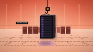 News illustration: a black server rack lit with violet status lights hangs from a crane hook and is lowered toward a glowing empty bay on a data-hall floor marked with rows of dashed, empty rack bays, with finished racks standing in the far rows against a coral-red wall, beside a label reading PRE-IPO ROUND.