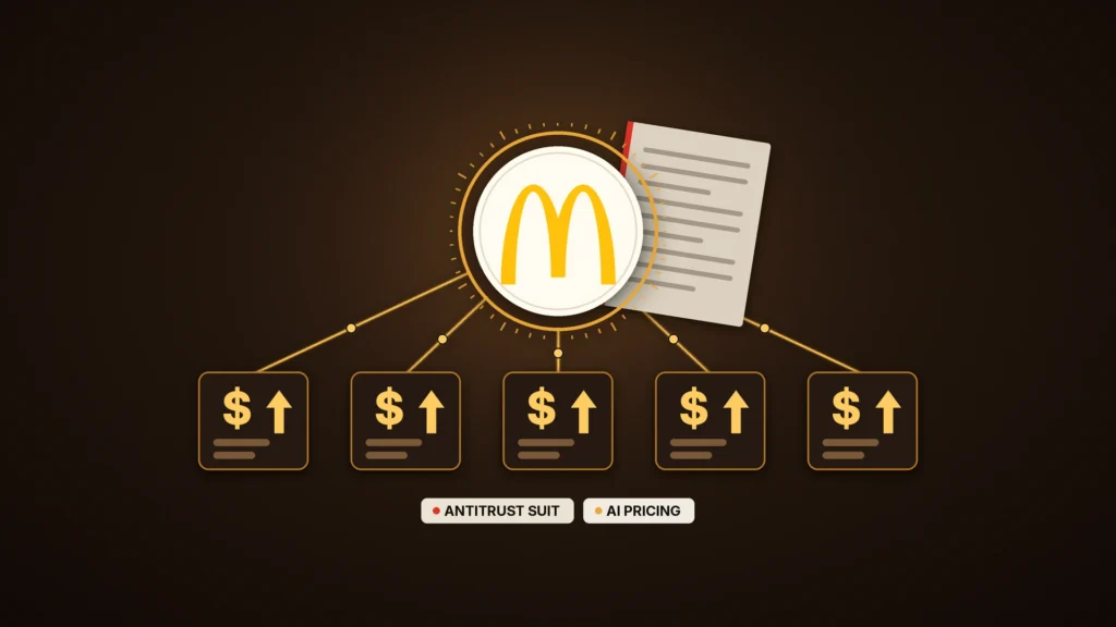 News illustration: on a dark espresso-brown field, a bone-white disc bearing McDonald's golden arches sits inside an amber engine ring, with a blank complaint sheet edged in red tucked behind it; five amber spokes run from the ring to five identical menu price tiles, each showing a dollar sign and the same up arrow; chips read ANTITRUST SUIT and AI PRICING.