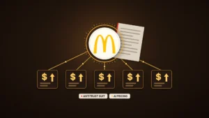 News illustration: on a dark espresso-brown field, a bone-white disc bearing McDonald's golden arches sits inside an amber engine ring, with a blank complaint sheet edged in red tucked behind it; five amber spokes run from the ring to five identical menu price tiles, each showing a dollar sign and the same up arrow; chips read ANTITRUST SUIT and AI PRICING.