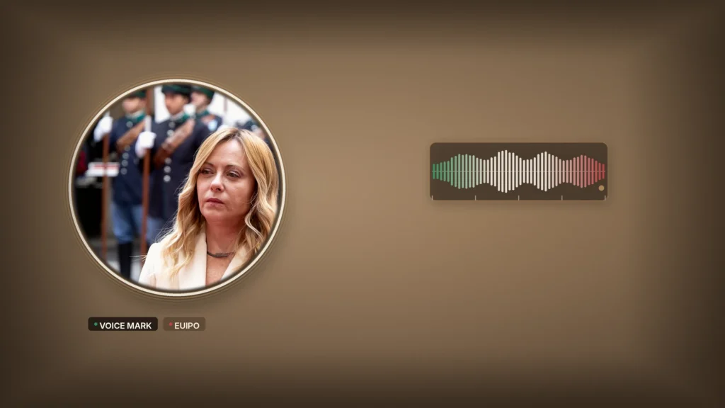 Photo-hybrid news thumbnail: warm Palazzo Chigi stone field with a circular bust portrait of Italian Prime Minister Giorgia Meloni (AP/LaPresse wire) as the primary element; secondary abstract four-second audio waveform glyph with a quiet green-white-red ribbon accent; chips VOICE MARK and EUIPO.