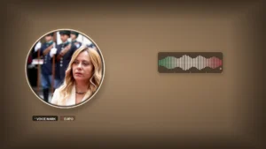 Photo-hybrid news thumbnail: warm Palazzo Chigi stone field with a circular bust portrait of Italian Prime Minister Giorgia Meloni (AP/LaPresse wire) as the primary element; secondary abstract four-second audio waveform glyph with a quiet green-white-red ribbon accent; chips VOICE MARK and EUIPO.