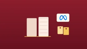 Two cream columns on a crimson background, the capex column slightly taller than the cash column, beside the Meta logo and a share ticket splitting into two.