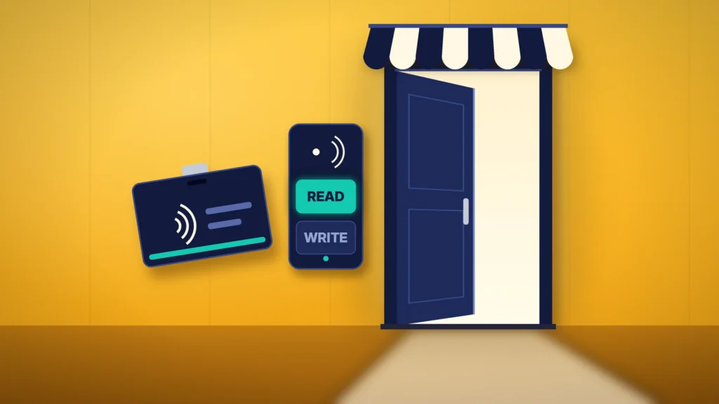 News illustration: a dark navy agent pass card with a contactless symbol floats beside a wall-mounted access reader whose two keys read READ, lit teal, and WRITE, unlit, next to an open navy shop door under a striped awning, with warm light spilling onto the floor, on a marigold yellow wall.