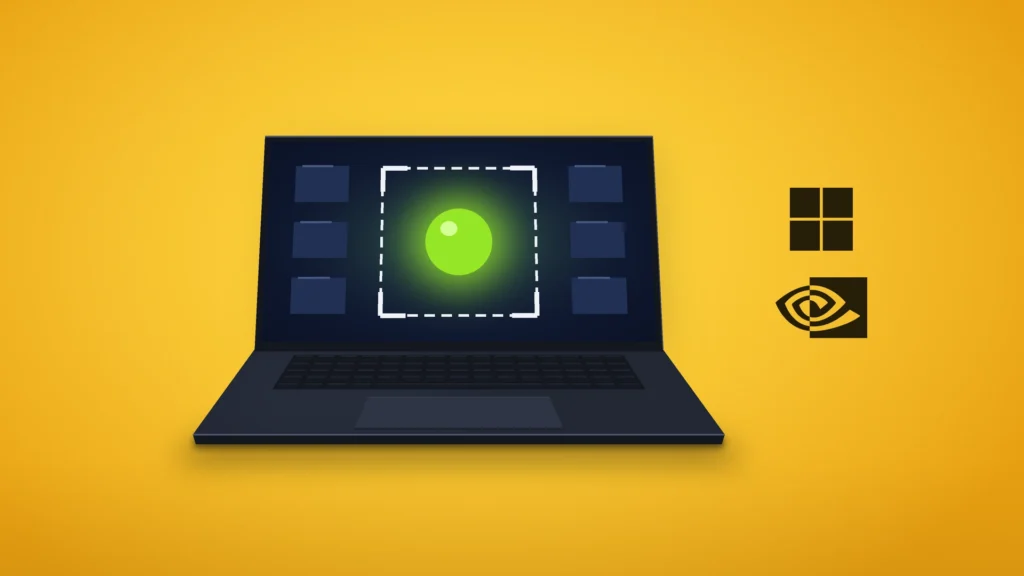 Illustration: an open dark laptop on a sunflower-yellow background shows a glowing lime-green orb held inside a dashed white boundary on its screen, with the Microsoft four-square logo and the Nvidia eye logo in black to the right.