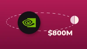 The green Nvidia logo on a black disc against a raspberry background, with a small half-shaded white disc on a dashed orbit around it and the figure "$800M" below.