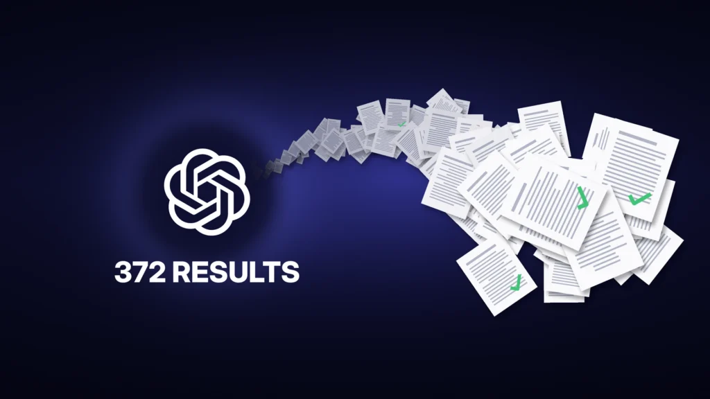 News illustration: the white OpenAI logo glows on a deep indigo night field above the words 372 RESULTS, and a long arcing stream of white manuscript pages pours out of it to the right, growing larger as it tumbles forward, with green check marks on a few of the pages.