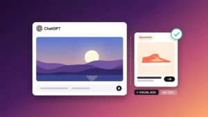 News illustration: on a plum-to-apricot gradient, a white ChatGPT image-generation card with the OpenAI logo shows a generated sunset landscape above a prompt bar; across a dashed gap sits a separate white tile labeled Sponsored with a generic orange sneaker and a green verification check; chips VISUAL ADS and US TEST.