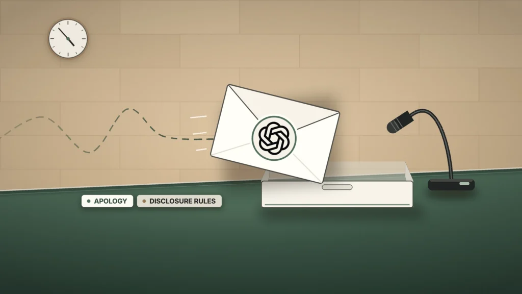 News illustration: on a warm sandstone wall above a green committee desk, a white envelope bearing the OpenAI logo arrives late on a long, looping dashed trail and tips into an unlabeled inbox tray, beside a single witness microphone; chips read APOLOGY and DISCLOSURE RULES. No photo used; illustration only.