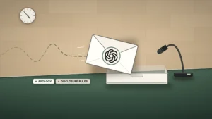 News illustration: on a warm sandstone wall above a green committee desk, a white envelope bearing the OpenAI logo arrives late on a long, looping dashed trail and tips into an unlabeled inbox tray, beside a single witness microphone; chips read APOLOGY and DISCLOSURE RULES. No photo used; illustration only.