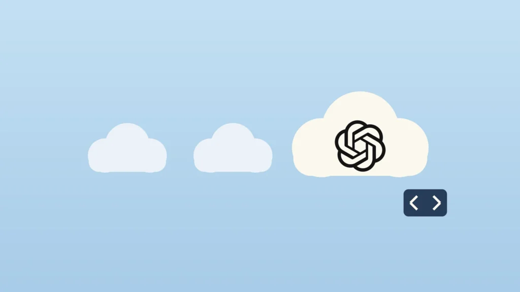 Three cream clouds on a pale sky-blue background, the largest holding the OpenAI logo, with a small code-bracket tile docked beside it.