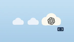 Three cream clouds on a pale sky-blue background, the largest holding the OpenAI logo, with a small code-bracket tile docked beside it.