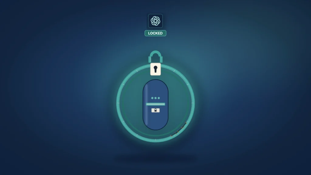On a deep cobalt-steel field with frost-teal glow, a single sealed cobalt capsule sits inside a frost-teal lock ring topped by a padlock shackle and bone keyhole plate. Small OpenAI blossom mark above a short LOCKED strap. No masthead, stamps, or chip row.