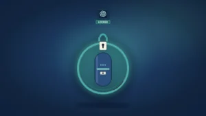 On a deep cobalt-steel field with frost-teal glow, a single sealed cobalt capsule sits inside a frost-teal lock ring topped by a padlock shackle and bone keyhole plate. Small OpenAI blossom mark above a short LOCKED strap. No masthead, stamps, or chip row.