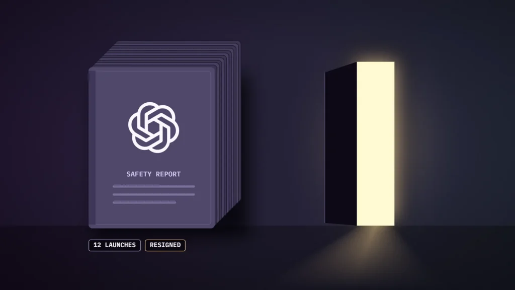 Editorial graphic on a midnight plum field: a stack of twelve violet safety report booklets, the front cover bearing the OpenAI logo and the words SAFETY REPORT, sits at left while a doorway glows open at right; chips read 12 LAUNCHES and RESIGNED.
